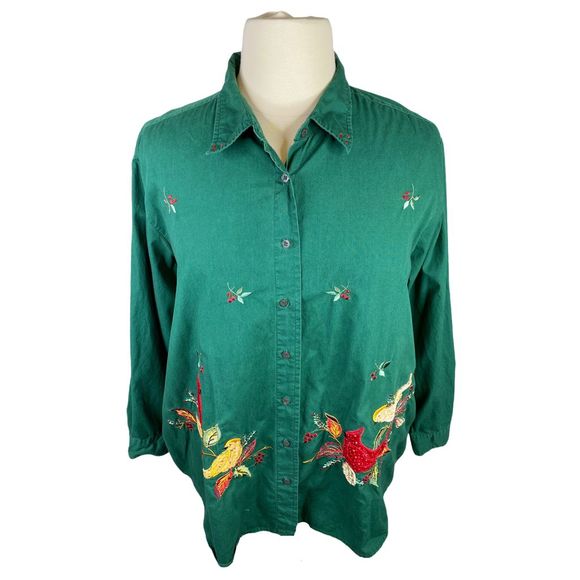 Vintage Bobbie Brooks Woman Green Embroidered Button Down Top - Size 22W / 24WW - Picture 5 of 8